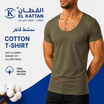 القطان فانله رجالي Cotton T-shirt ممشط فاخر زيتي - دسته